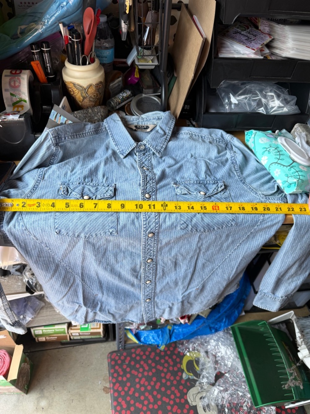 SALT Western Denim Shirt Men’s Blue Chambray Pinstripe Snap Button Cowboy Work L - Picture 11 of 11